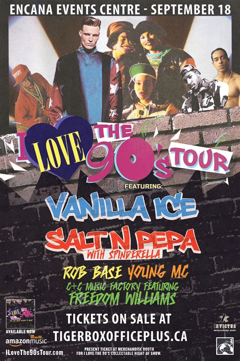 I love the 90's concert tour - The I Love The 90’s tour will feature performances by Vanilla Ice, Salt n Pepa, Color Me Badd, Tone Loc, Coolio and Rob Base. The 1990’s were a vibrant decade marked by multiculturalism and globalization, which was enhanced by a piece of game changing technology known then as the World Wide Web. One of the era’s most successful TV …